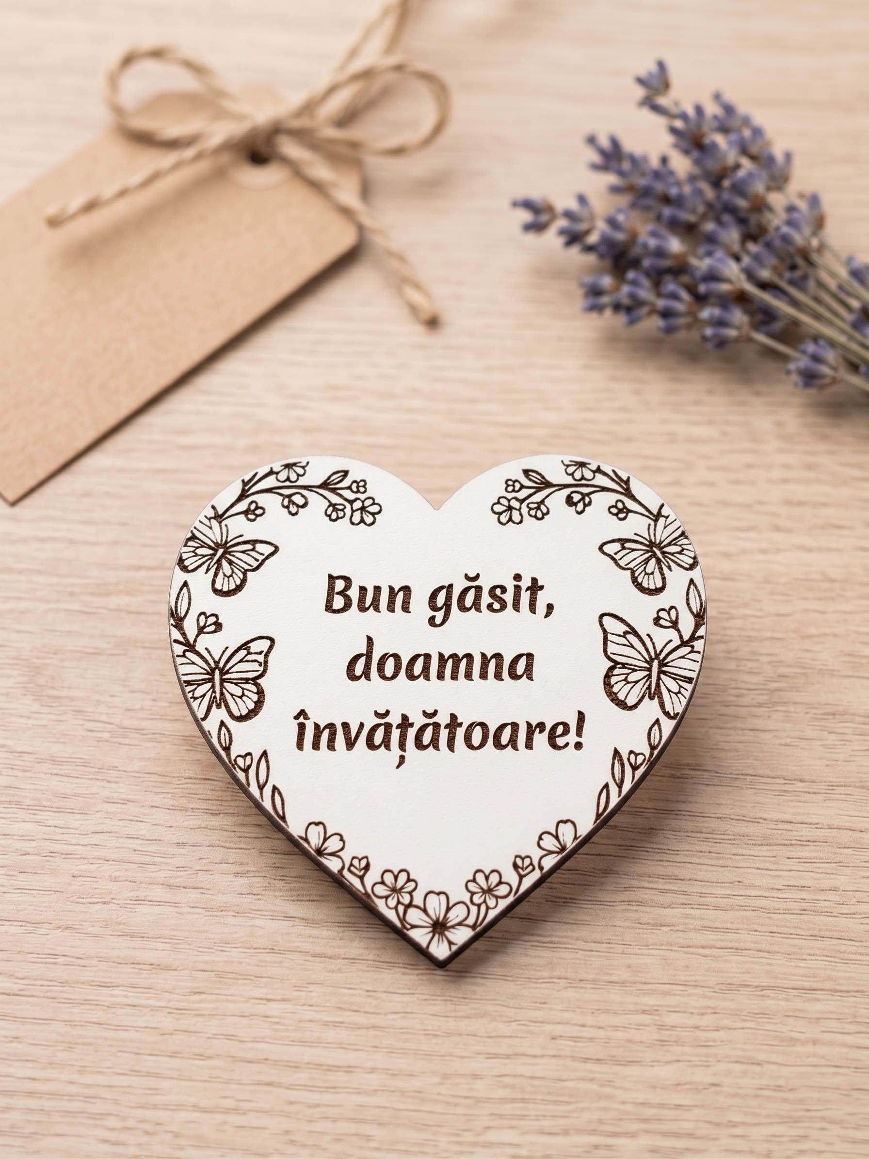 Inimă din lemn gravată - cadou învățătoare